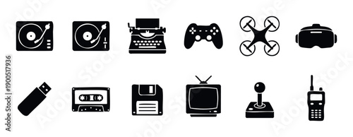 Assortment of modern and vintage technology icons including record player, drone, VR headset, and retro communication tools for digital media, educational content, and techrelated visual