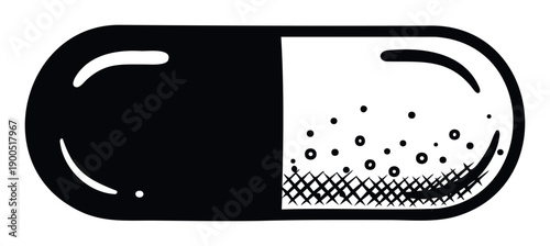 Graphic black and white capsule depicting medicine contents, useful for illustrating concepts of health, wellness, treatment, and pharmaceutical industries.
