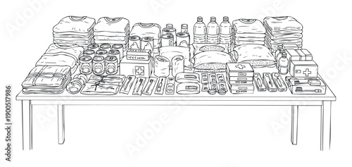Essential relief supplies neatly organized on a table offering a wide variety of donations for humanitarian aid and disaster victims during emergency situations.