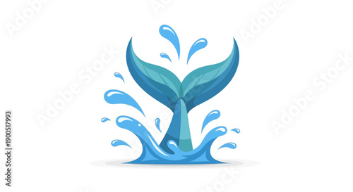 Blue whale tail splashing water in minimalist vector illustration