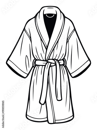 A comfortable and cozy graphic black outline drawing of a classic bathrobe perfect for spa, hotel, resort, or home relaxation product branding and marketing materials