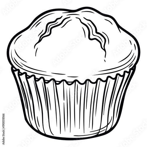 A simple black and white line drawing of a freshly baked muffin or cupcake in its fluted paper liner, perfect for culinary blogs, restaurant menus, cooking tutorials, or childrens coloring