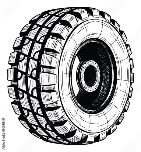 Heavy duty offroad vehicle tire with deep aggressive treads and a strong wheel hub in a bold black and white graphic style perfect for automotive themed designs and rugged adventure