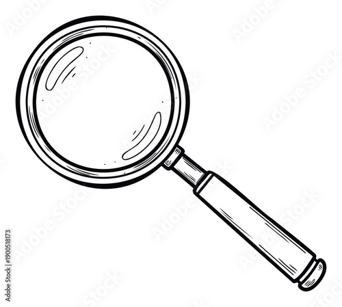 A hand drawn black and white magnifying glass graphic representing concepts of search discovery investigation or close examination perfect for educational materials or digital media projects