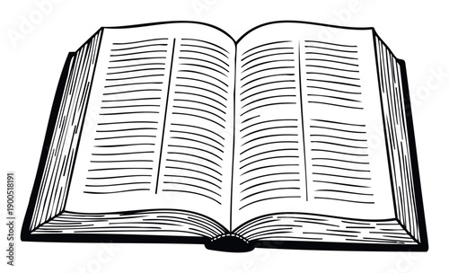 Classic open book line drawing representing knowledge and education, perfect for academic publications, reading material covers, and learning resource graphics