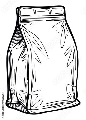 A versatile hand drawn packaging pouch for various products like coffee, snacks, or dry goods, perfect for branding, marketing materials, and product showcases