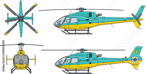 Helicopter technical drawing set top side front views rescue aircraft vector illustration isolated on white aviation transport design