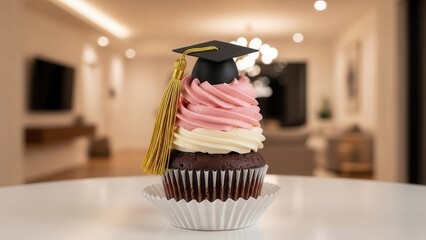 Chocolate and vanilla graduation cupcake with pink frosting and a mortarboard cap, set in a softly lit modern home to celebrate academic achievement and student success in a stylish way.