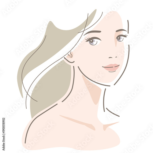 A young woman with hair blowing. Beauty, makeup, skincare concept. Vector illustration in line drawing, isolated on white background.