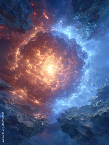 Cosmic Explosion in Vibrant Colors Above Rocky Landscape at Dawn