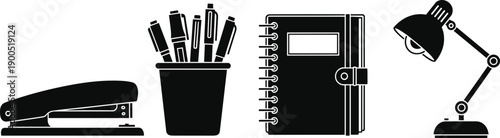 Office supplies silhouettes, stapler, pen holder, notebook, desk lamp, school and workplace stationery vector illustration set