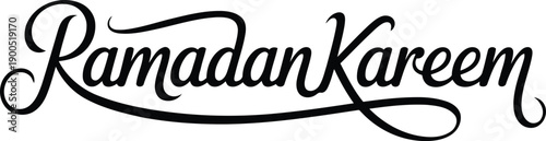 Graceful black script lettering of Ramadan Kareem with decorative swirl on a plain white surface