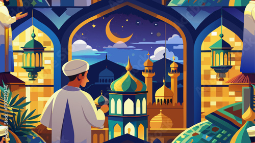 Vibrant cartoon mosque with crescent moon and stars