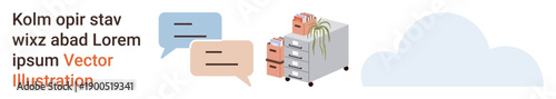 Communication systems, data management, cloud services, virtual storage, organizational tools, teamwork. Speech bubbles, file cabinets and a cloud icon. Communication systems and data management