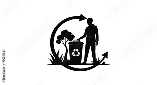 Silhouette of person tending to recycling bin amidst nature, symbolizing environmental care and sustainability.
