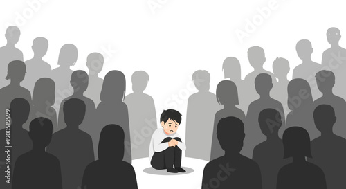 Lonely child sitting amidst crowd of silhouettes in grayscale illustration