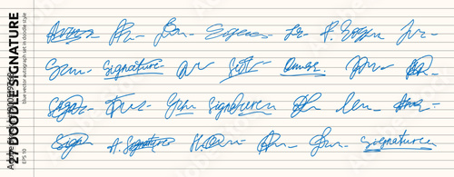 Doodle Blue Fake Signature Set. Fake Signature Autograph Sign Sample Kit. Random Hand Name Handwritten Autograph Collection. Vector Line Illustration Clipart in Scrapbook Grid Lined Paper Background