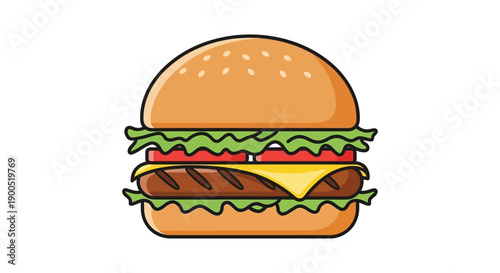 Colorful vector illustration of a classic cheeseburger with toppings