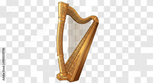 Golden harp instrument with strings on transparent background for music and artistic concepts