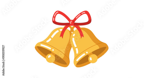 Golden Christmas bells with red ribbon on white background