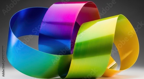 Iridescent, looping ribbon sculpture displays a smooth transition of vibrant spectral colors against a neutral background.