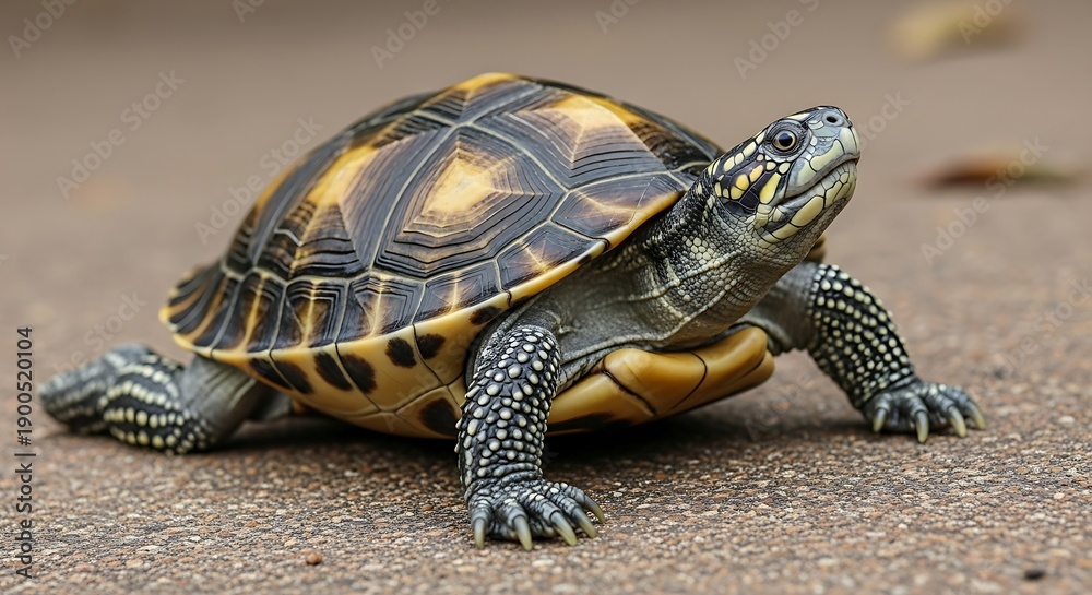 Obraz premium Small terrestrial reptile showcases patterned shell and spotted limbs on paved surface