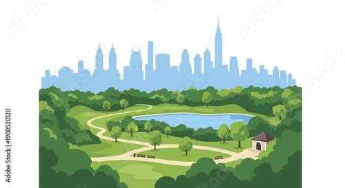 Scenic city park landscape with skyline in the background