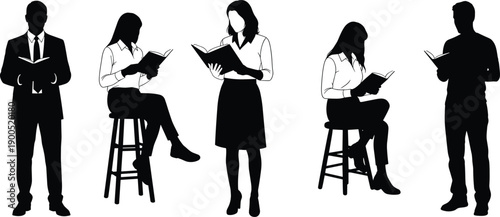 People reading books silhouettes, students studying, education concept, knowledge learning, literature, academic research, readers isolated, standing and sitting