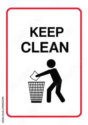 Keep clean sign vector illustration with person throwing trash in basket icon for waste management environmental protection flat