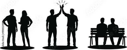 People silhouettes collection showing friends, couple, teamwork high five, and two men sitting on bench, social interaction concept illustration