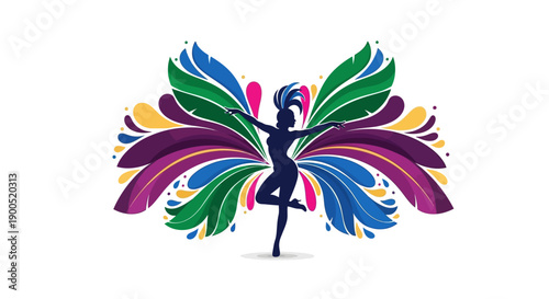 Illustration of a samba dancer performing at Carnaval do Rio de Janeiro with colorful feathers and costumes at Sambódromo.