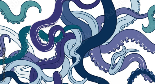 Colorful abstract illustration of intertwined octopus tentacles