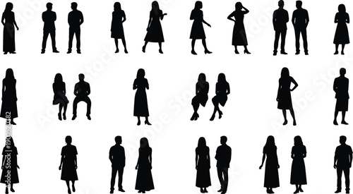 People silhouettes collection, men and women standing, walking, sitting poses, business and casual human figures vector set