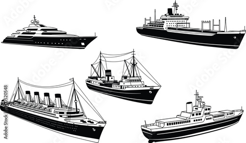 Black Ship and Boat Silhouette Collection with Cargo, Cruise and Passenger Vessels Nautical Illustration Isolated on White Background
