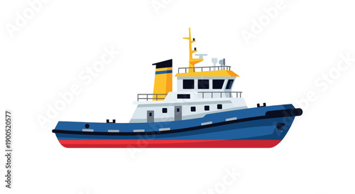 Colorful vector illustration of a tugboat on a white background