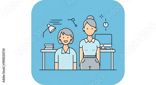 Two coworkers standing in an office with computer and books on desk