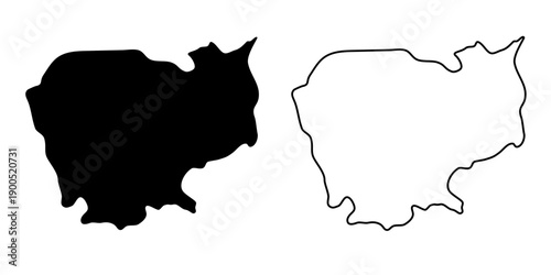 Cambodia country map vector illustration .Minimal outline and solid black country map,Solid simple style.Cambodia country map silhouette black illustration. Black and white. Vector editable