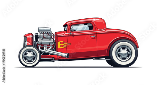 Classic red hot rod car illustration with flame detail