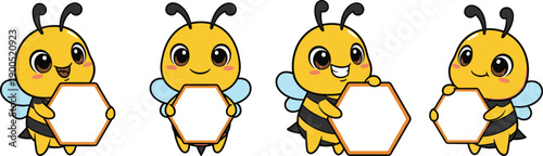 Cute bee character set holding hexagon sign, cartoon honeybee mascots, adorable insect illustrations, kids friendly design, flat vector style, isolated on white background