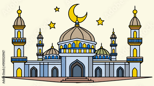 Colorful cartoon mosque with crescent moon and stars