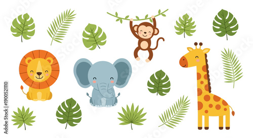 Cute jungle animals illustration with lion, elephant, monkey, and giraffe