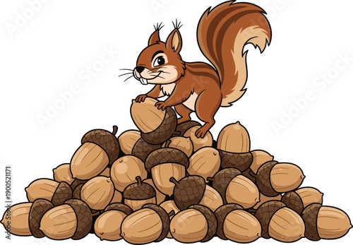 Cute cartoon squirrel standing on pile of acorns illustration, playful woodland animal collecting nuts, autumn nature concept isolated on white background