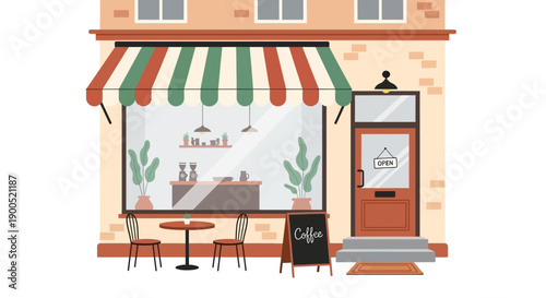 Charming coffee shop exterior with striped awning and outdoor seating