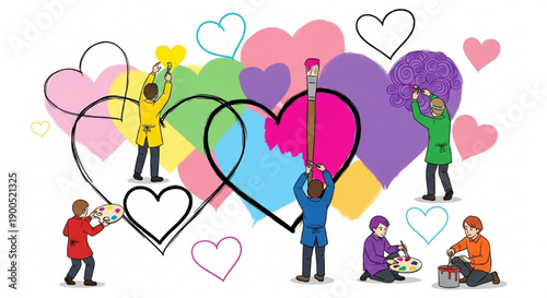 People painting colorful valentine hearts mural
