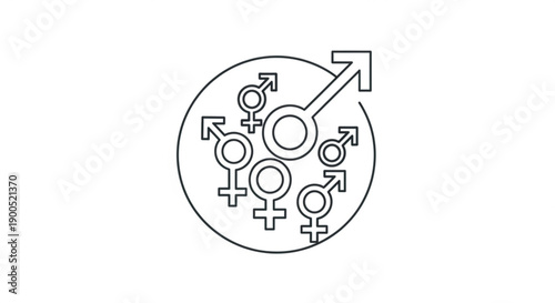 Diverse gender symbols merging into a single arrow representing unity and equality