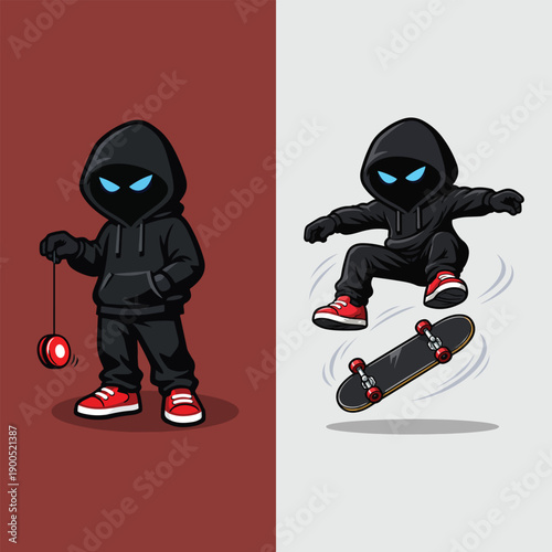 Street Style Hooded Character with Yo-Yo and Skateboard