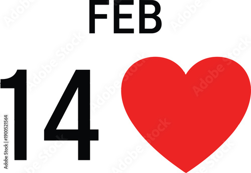 February 14 Valentine’s Day Calendar Date with Red Heart Minimal Romantic Holiday Illustration Isolated on White Background