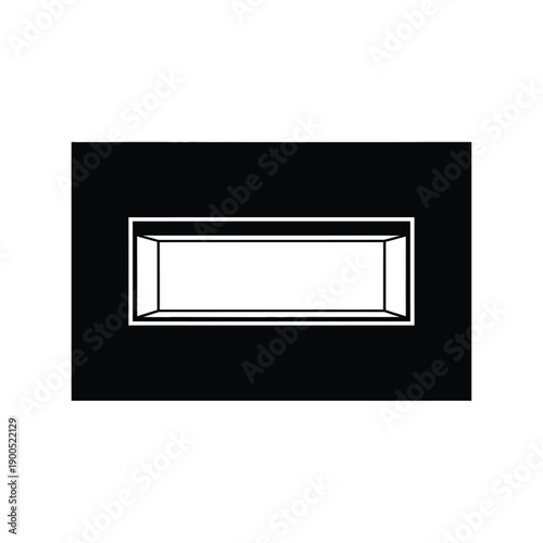 Modern minimalist aquarium icon representing empty glass fish tank with black border background used for pet store branding and home interior design isolated on white background