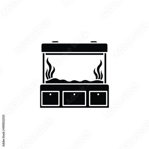 Complete aquarium set icon with storage cabinet stand and decorative underwater plants representing professional fish tank setup for home interior and pet retail environments