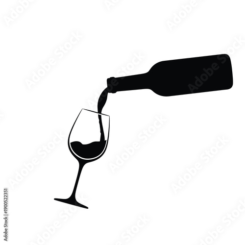 Silhouette of pouring wine from bottle into glass isolated on white background, dynamic vector illustration